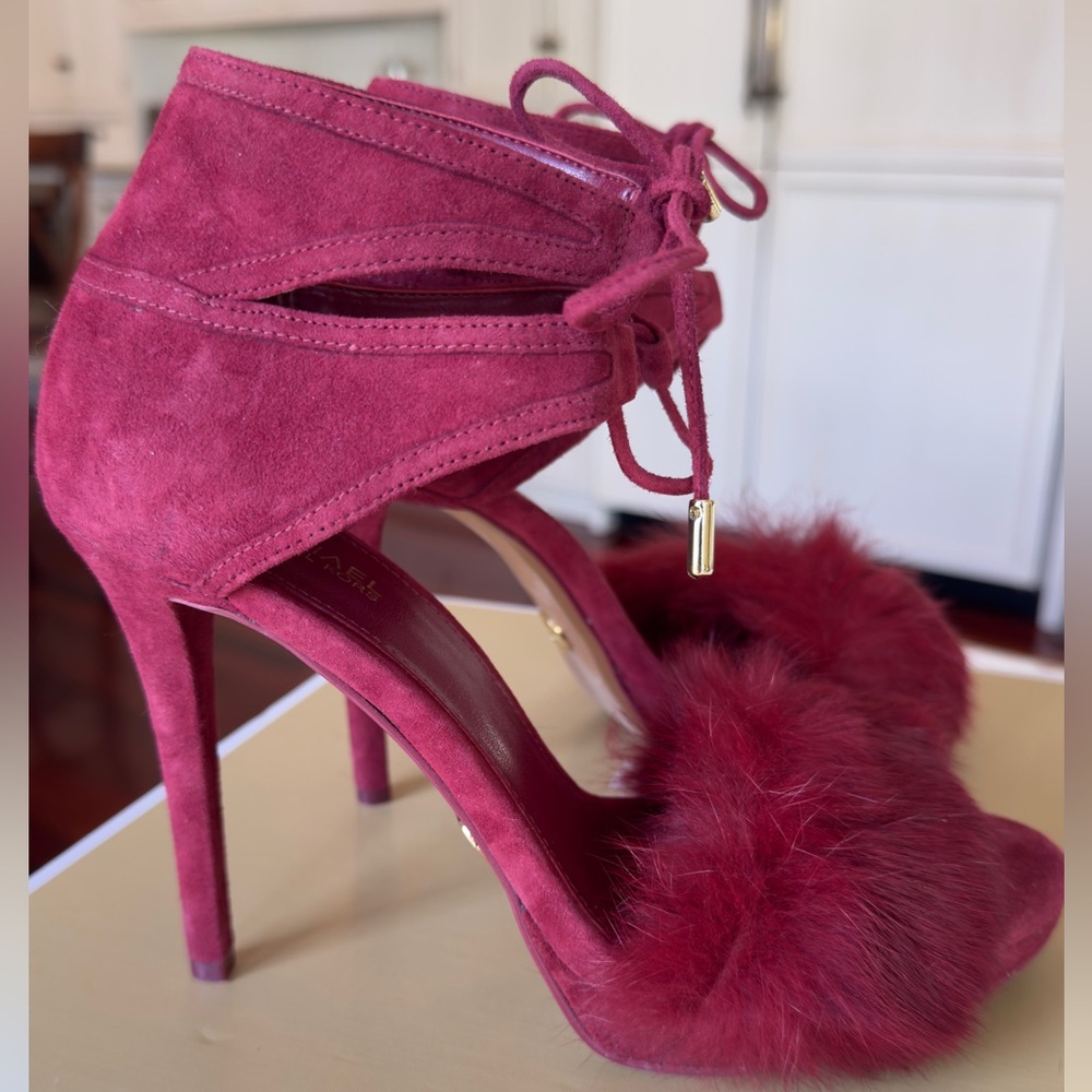 MICHAEL Michael Kors Fuchsia Suede Lace-Up Fur High Heel Sandals